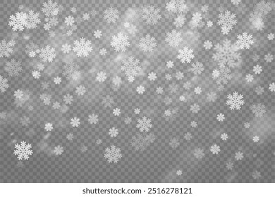 Flocos de neve de Natal em um fundo transparente. Flocos de neve, fundo de neve. Pesada queda de neve, flocos de neve em diferentes formas e formas.