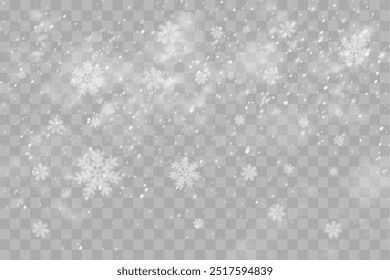 Flocos de neve de Natal em um fundo transparente. Flocos de neve, fundo de neve. Pesada queda de neve, flocos de neve em diferentes formas e formas.