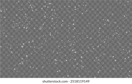 Christmas snowflakes on a transparent background. Snow flakes, snow background. Heavy snowfall, snowflakes in different shapes and forms. Snow realistic landscape background