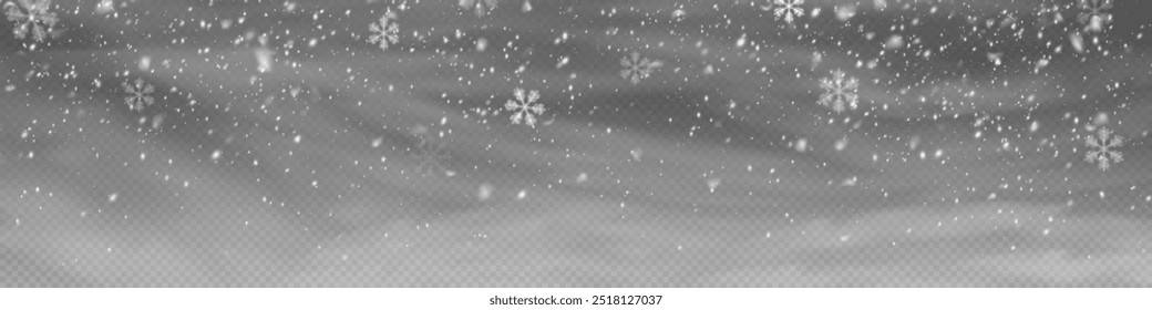 Flocos de neve de Natal em um fundo transparente. Flocos de neve com vento, fundo de neve. Pesada queda de neve, flocos de neve em diferentes formas e formas. Vento.