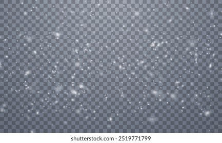 Christmas snowflakes on a transparent background. Snow flakes, snow background. Heavy snowfall, snowflakes in different shapes and forms. Snow realistic landscape background