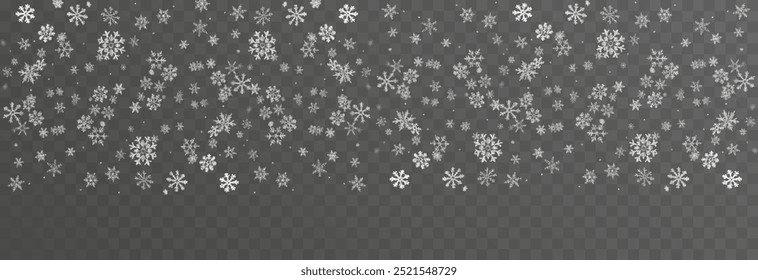 Flocos de neve de Natal em um fundo transparente. Flocos de neve, fundo de neve. Pesada queda de neve, flocos de neve em diferentes formas e formas.