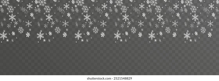 Flocos de neve de Natal em um fundo transparente. Flocos de neve, fundo de neve. Pesada queda de neve, flocos de neve em diferentes formas e formas.