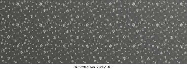 Navidades copos de nieve sobre un fondo transparente. Copos de nieve, fondo de nieve. Fuertes nevadas, copos de nieve en diferentes Formas y formas.