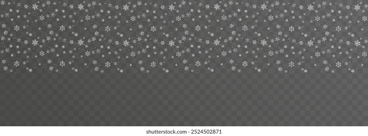 Christmas snowflakes on a transparent background. Snow flakes, snow background. Heavy snowfall, snowflakes in different shapes and forms.