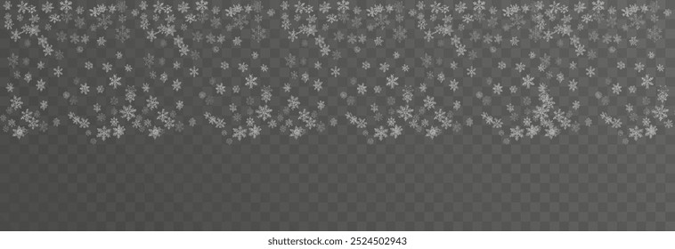 Flocos de neve de Natal em um fundo transparente. Flocos de neve, fundo de neve. Pesada queda de neve, flocos de neve em diferentes formas e formas.