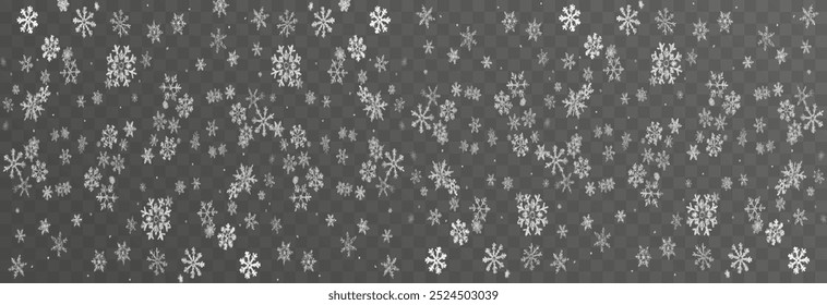 Flocos de neve de Natal em um fundo transparente. Flocos de neve, fundo de neve. Pesada queda de neve, flocos de neve em diferentes formas e formas.