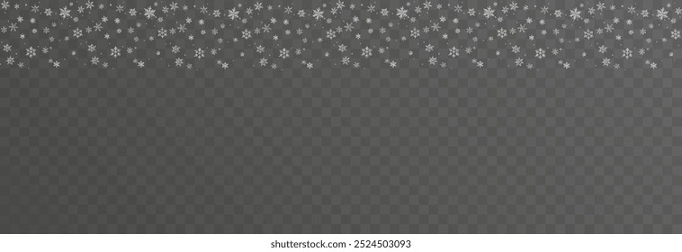 Flocos de neve de Natal em um fundo transparente. Flocos de neve, fundo de neve. Pesada queda de neve, flocos de neve em diferentes formas e formas.