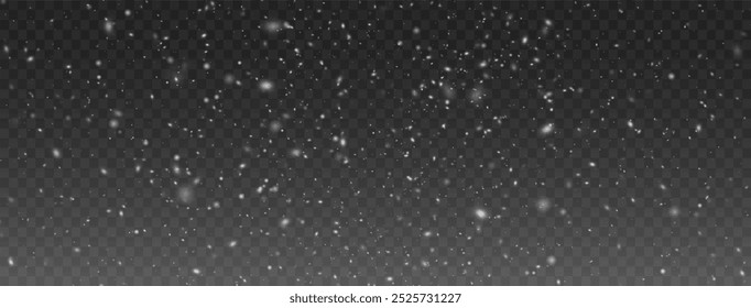 Christmas snowflakes on a transparent background. Snow flakes, snow background. Heavy snowfall, snowflakes in different shapes and forms. Snow realistic landscape background