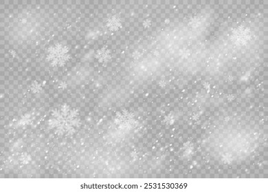 Flocos de neve de Natal em um fundo transparente. Flocos de neve, fundo de neve. Pesada queda de neve, flocos de neve em diferentes formas e formas.
