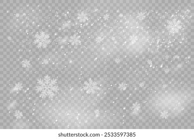 Flocos de neve de Natal em um fundo transparente. Flocos de neve, fundo de neve. Pesada queda de neve, flocos de neve em diferentes formas e formas.
