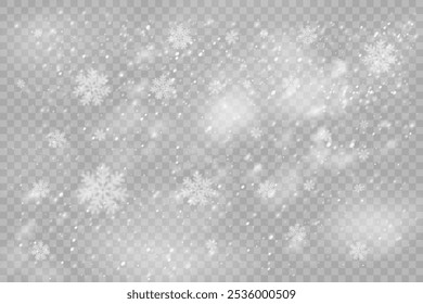 Christmas snowflakes on a transparent background. Snow flakes, snow background. Heavy snowfall, snowflakes in different shapes and forms.