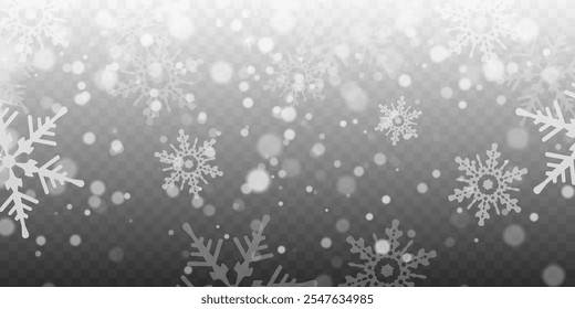 Flocos de neve de Natal em um fundo transparente. Flocos de neve, fundo de neve. Pesada queda de neve, flocos de neve em diferentes formas e formas.