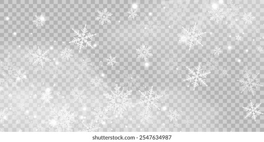 Flocos de neve de Natal em um fundo transparente. Flocos de neve, fundo de neve. Pesada queda de neve, flocos de neve em diferentes formas e formas.