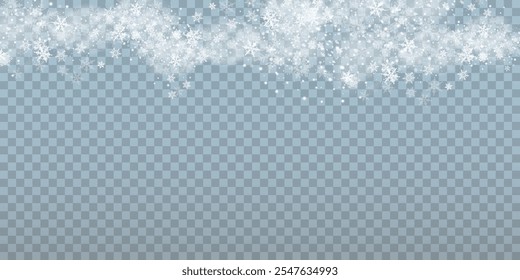 Flocos de neve de Natal em um fundo transparente. Flocos de neve, fundo de neve. Pesada queda de neve, flocos de neve em diferentes formas e formas.