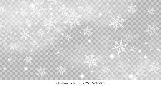 Flocos de neve de Natal em um fundo transparente. Flocos de neve, fundo de neve. Pesada queda de neve, flocos de neve em diferentes formas e formas.