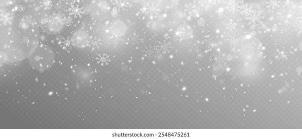 Flocos de neve de Natal em um fundo transparente. Fundo de inverno, flocos de neve de Natal Queda de neve pesada, flocos de neve em diferentes formas e formas. Tempestade de neve, ilustração vetorial 3D.