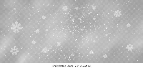 Flocos de neve de Natal em um fundo transparente. Flocos de neve, fundo de neve. Pesada queda de neve, flocos de neve em diferentes formas e formas.