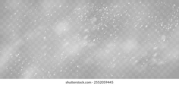 Christmas snowflakes on a transparent background. Snow flakes, snow background. Heavy snowfall, snowflakes in different shapes and forms.