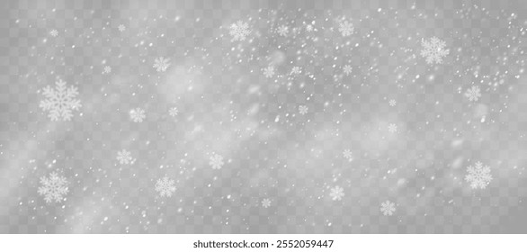 Flocos de neve de Natal em um fundo transparente. Flocos de neve, fundo de neve. Pesada queda de neve, flocos de neve em diferentes formas e formas.