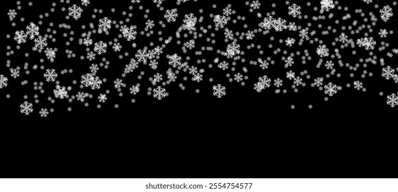 Christmas snowflakes on a transparent background. Snow flakes, snow background. Heavy snowfall, snowflakes in different shapes and forms.