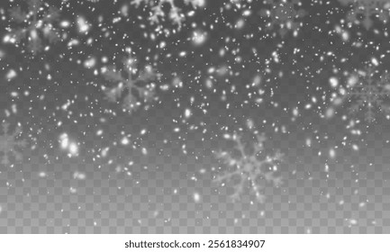 Christmas snowflakes on a transparent background. Snow flakes, snow background. Heavy snowfall, snowflakes in different shapes and forms.