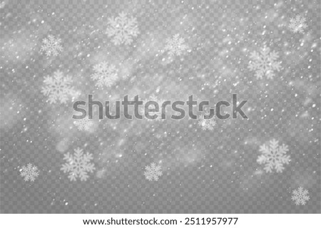 Christmas snowflakes on a transparent background. Snow flakes, snow background. Heavy snowfall, snowflakes in different shapes and forms.