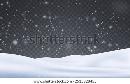 Christmas snowflakes on a transparent background. Snow flakes, snow background. Heavy snowfall, snowflakes in different shapes and forms. Snow realistic landscape background