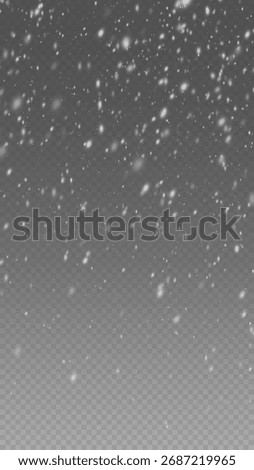 Christmas snowflakes on transparent background. Falling white snow dust and heavy snowfall overlay for festive winter design.