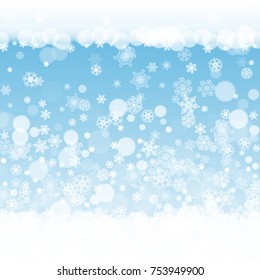 Christmas snowflakes on winter background. Frame for seasonal winter banners, gift coupons, vouchers, ads, party events. Blue sky with Christmas snowflakes. Falling snow for holiday celebration
