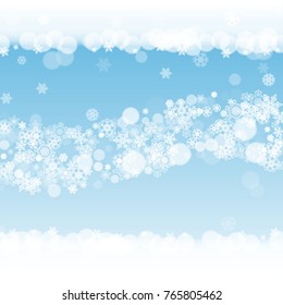 Christmas snowflakes on winter background. Frame for seasonal winter banners, gift coupons, vouchers, ads, party events. Blue sky with Christmas snowflakes. Falling snow for holiday celebration