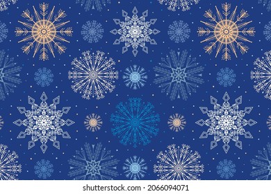 Christmas Snowflakes Pattern on blue background. Modern vector illustration for Winter Holidays.