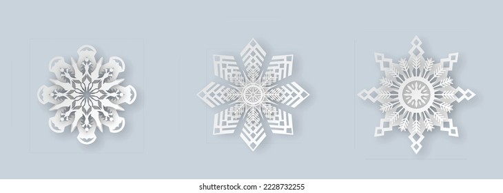 Christmas snowflakes realistic paper cut symbols set. Snow starts elements for winter holiday decor, xmas party banner design, new year celebration. 3d vector illustration