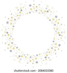 Christmas snowflakes round frame. background. Winter gold and silver snow minimal wreath  on white, greeting card. New Year Holidays backdrop. Vector illustration