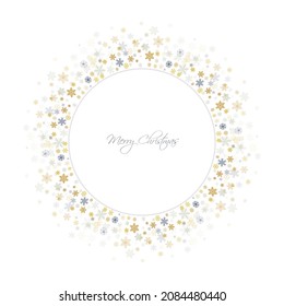 Christmas snowflakes round frame. background. Winter gold and silver snow minimal wreath  on white, greeting card. New Year Holidays backdrop. Vector illustration