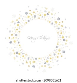 Christmas snowflakes round frame. background. Winter gold and silver snow minimal wreath  on white, greeting card. New Year Holidays backdrop. Vector illustration