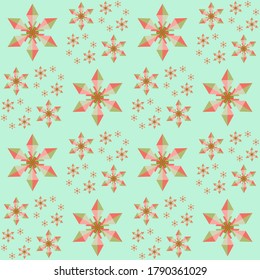 Christmas snowflakes seamless pattern. Fractal geometric background of mint blue, pink, green and red. For Xmas, New Year, winter design