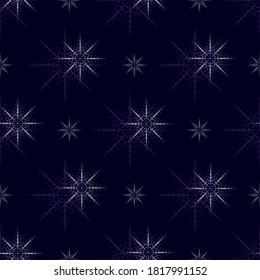 Christmas snowflakes seamless pattern. Geometric white and purple stars on dark blue background. Vector illustration for new year design, winter holidays and celebration backdrop, gift wrapper print.