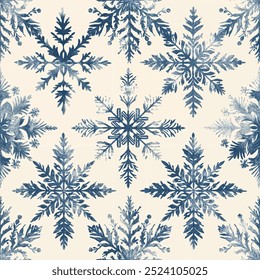 copos de nieve de Navidad sin fisuras patrón vintage Toile De Jouy Antiguas Vector de color azul y crudo