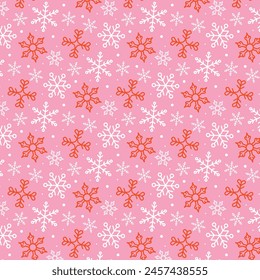 Navidades copos de nieve sin patrón. Copos de nieve blancos y rojos sobre fondo rosa. Hermoso diseño moderno de vacaciones de invierno. Ilustración vectorial.