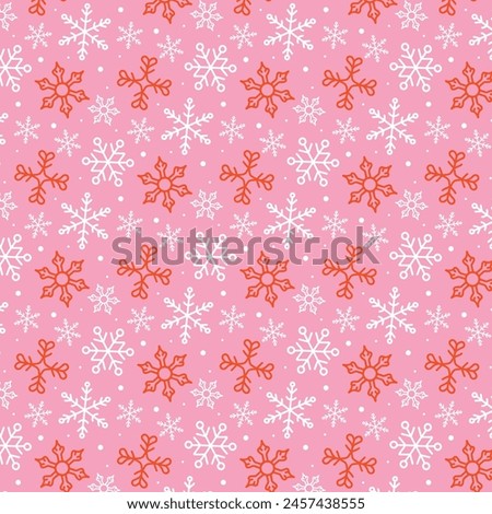 Christmas snowflakes seamless pattern. White and red snowflakes on pink background. Beautiful modern winter holiday design. Vector illustration.