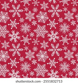 Navidades copos de nieve sin patrón. Copos de nieve de invierno sobre fondo rojo oscuro. Fondo de Vector plano