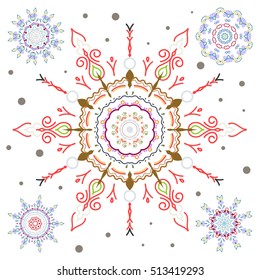 Christmas snowflakes set in green and red colors with doodles and dots on a white background. Vector Christmas background. Winter set.