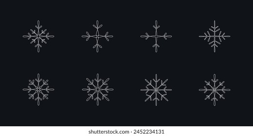 Christmas snowflakes set - one single continuous line. Vector stock hand drawing illustration isolated on black background for design template winter decoration, greeting card. Editable stroke. EPS10