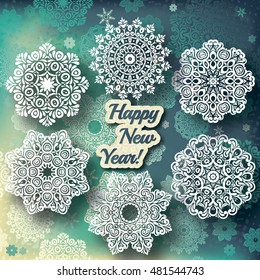 Christmas Snowflakes Set, Retro Blue & Beige design with snowflakes elements.