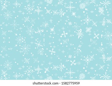 Christmas Snowflakes Shining, transparent beautiful falling snow isolated on blue background. Vector snowflake illustration. Fashion snowfall decoration design.