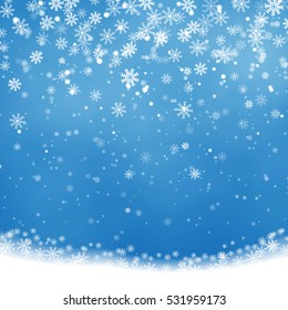 Christmas Snowflakes Shining, transparent beautiful falling snow isolated on blue background. Vector snowflake illustration. Fashion snowfall decoration design.