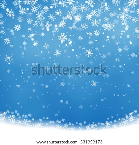 Christmas Snowflakes Shining, transparent beautiful falling snow isolated on blue background. Vector snowflake illustration. Fashion snowfall decoration design.