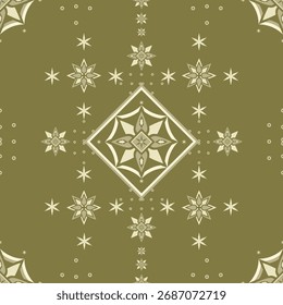 Flocos de neve de Natal e estrela, padrão geométrico, têxtil, tapete, vetor, design de ilustração no fundo verde-oliva.