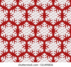 ¡Copos de nieve de Navidad! Patrón tradicional de Navidad sin foco con copos de nieve 3D isométricos blancos sobre fondo rojo de vino. Vector editable EPS10 Ilustración para la decoración de Año Nuevo.